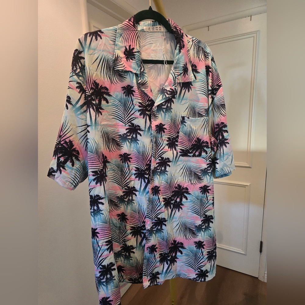 Men's Tropical Palm Short-Sleeve Shirt - Pastel Pink & Mint - Picture 5 of 8
